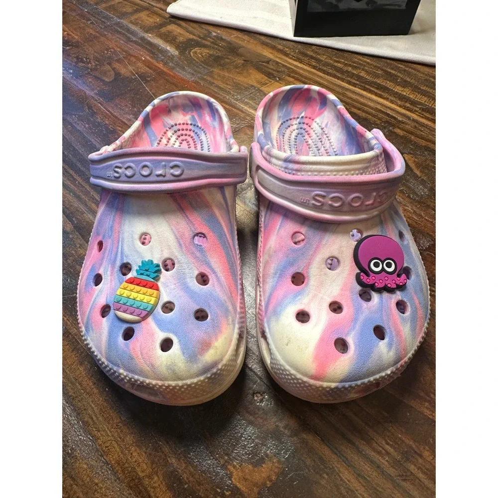 Crocs Classic Clog Kids J3 Pink Purple Blue Marble Swirl Clogs w/Jibbitz Junior